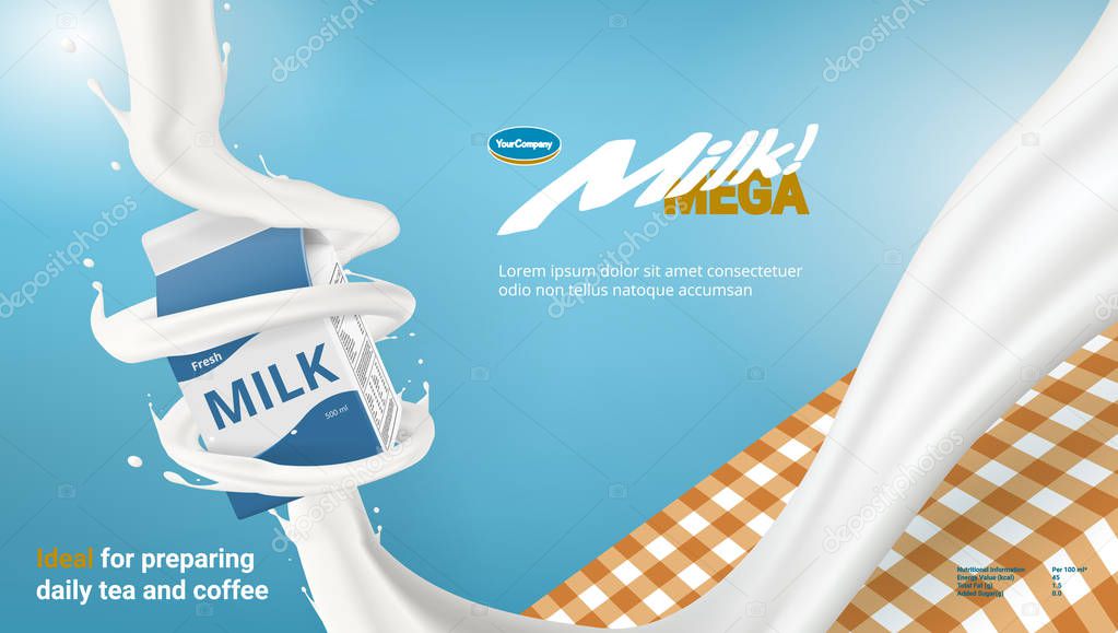 Realistic 3D Milk Carton Packing In Twisted Cream Spiral Jet Advertising. EPS10 Vector