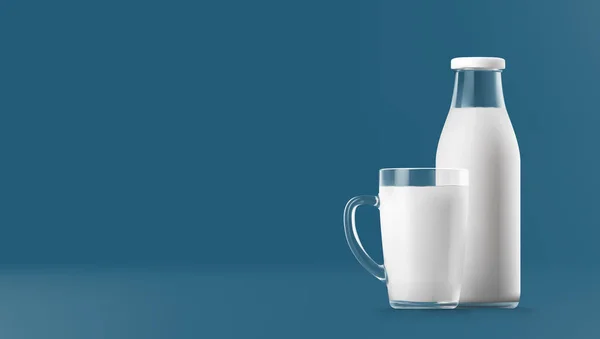 现实透明透明玻璃和一瓶在蓝色隔离的牛奶 Eps10 — 图库矢量图片
