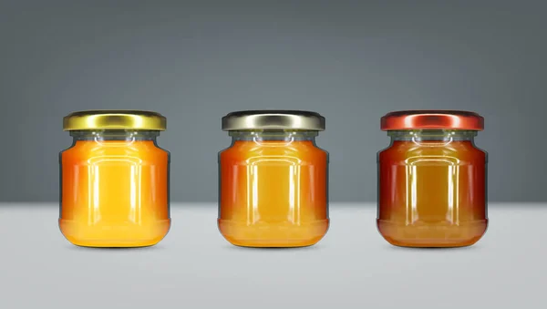 Leeres Rundes Transparentes Honigglas Mit Goldenem Schraubverschluss Set Eps10 Vektor — Stockvektor