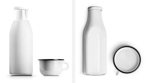 Realistische Glas-Milchflasche und Email-Metall weißer Becher isoliert auf weißem Hintergrund — Stockvektor
