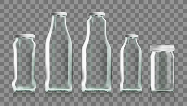 Realistische transparant helder glazen en een fles melk geïsoleerd — Stockvector