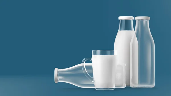 Realistiska Transparent klart glas och flaska mjölk isolerade — Stock vektor