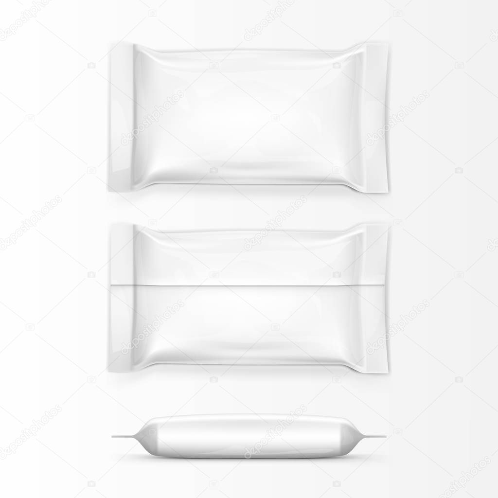 Realistic Food Snack Pillow Bags. Front, Back And Side View