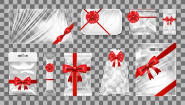 Büyük şeffaf boş beyaz plastik hediye paketi yay ile ayarla