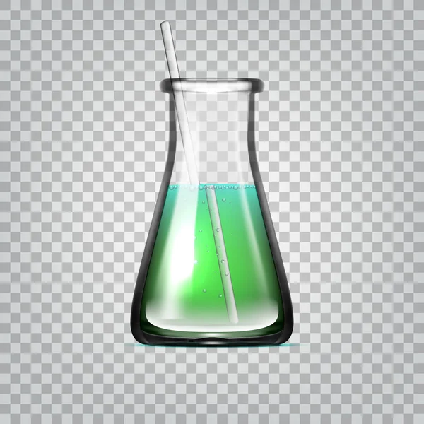 Matraz de vidrio transparente realista del laboratorio químico o del vaso de precipitados con el líquido verde — Vector de stock
