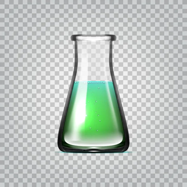 Realistiska kemiska laboratorieglas eller bägare genomskinlig glaskolv med grön vätska — Stock vektor