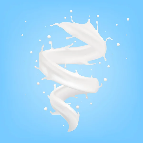 Realista 3d leite espiral jato respingo no azul —  Vetores de Stock