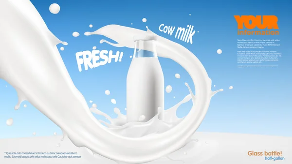 Modelo de publicidade de garrafa de leite transparente realista — Vetor de Stock