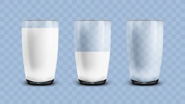Realistic Empty, Half And Full Of Milk Transparent Glasses — Stock Vector