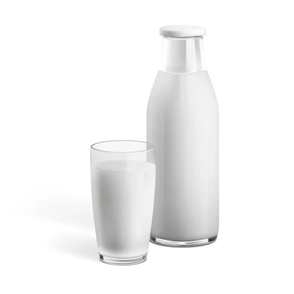 Vidrio realista de leche y botella de leche con sombra — Archivo Imágenes Vectoriales