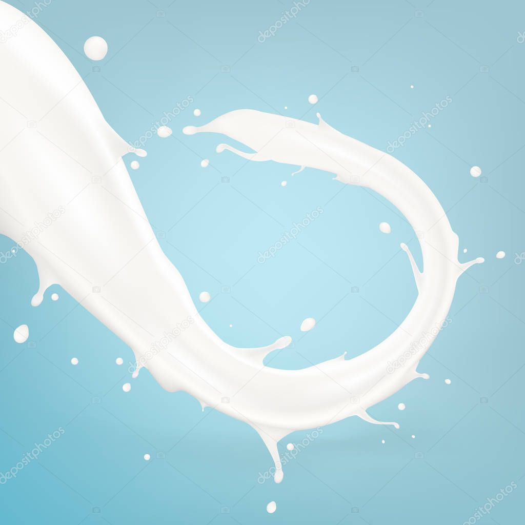 Realistic Flowing Milk Stream Splash Isolated On Blue Background