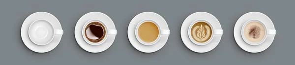 Tasses blanches réalistes avec café. Vue du dessus — Image vectorielle
