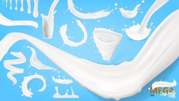 Realistiska mjölk stänk, droppar och virvlar i blått — Stock vektor