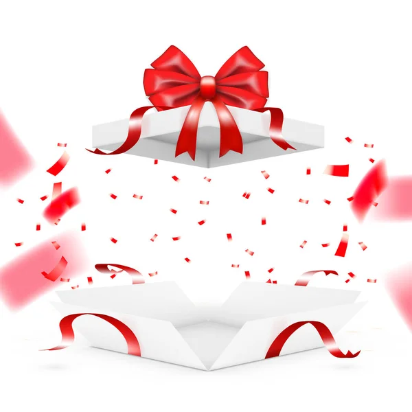 Caja de regalo realista sorpresa con caída de confeti — Vector de stock