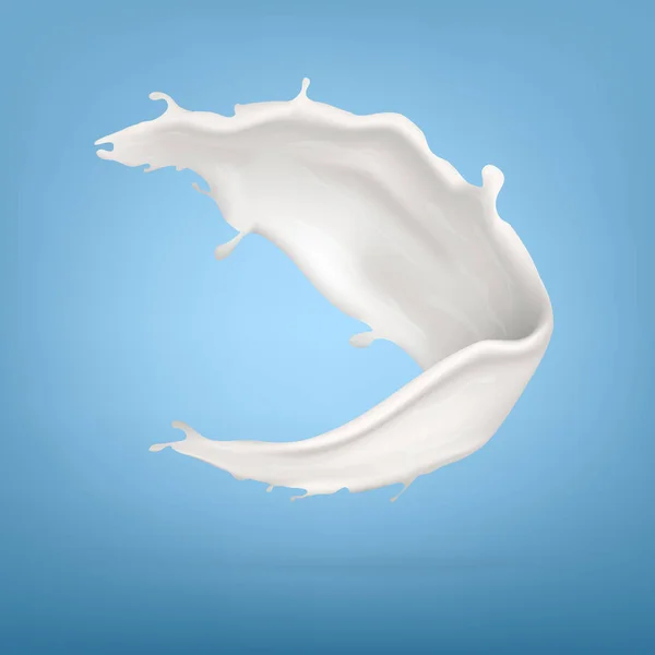 Splash realista de leite branco no fundo azul — Vetor de Stock