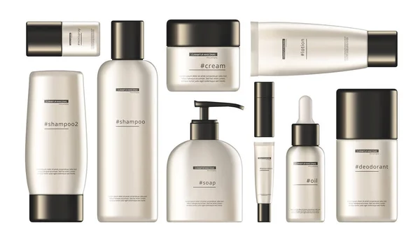 3d tägliche Schönheitspflege Kosmetikprodukt glänzende Kunststoff-Pakete Set — Stockvektor