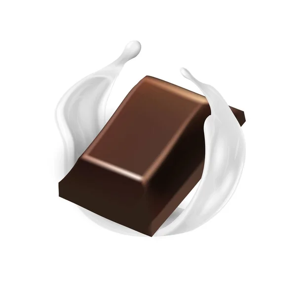 Реалистичный шоколадный кусочек летит в молочном крем-кольце — стоковый вектор