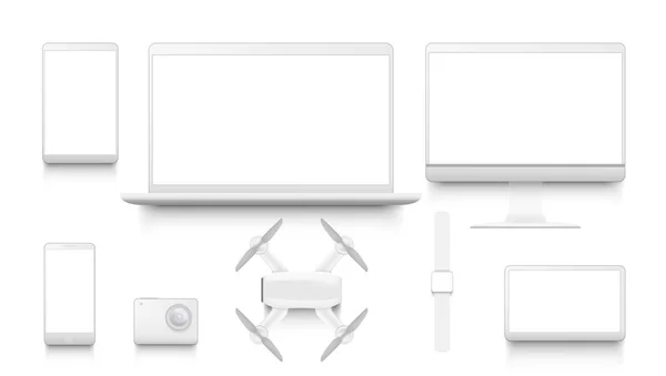 Set de gadgets blancos simples. Pantalla de computadora de escritorio, Smartphone, Tablet, Ordenador portátil, Cámara deportiva, Smart Watch RC Drone — Vector de stock