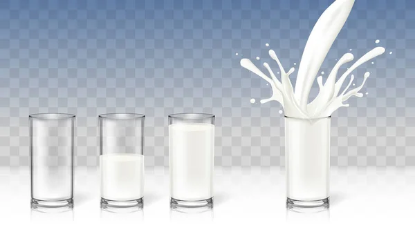 Latte trasparente realistico in un bicchiere. Prodotto per bevande dietetiche — Vettoriale Stock