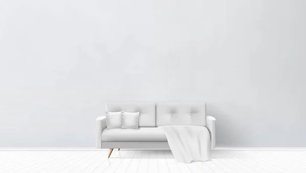 Απλό καθιστικό εσωτερικό με γκρι καναπέ, μαξιλάρια, καρό — Διανυσματικό Αρχείο