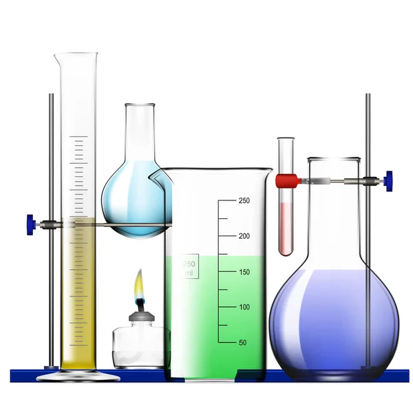 Conjunto de equipamentos de laboratório químico realista. Frascos de vidro, Beakers, Lâmpadas Espirituais —  Vetores de Stock