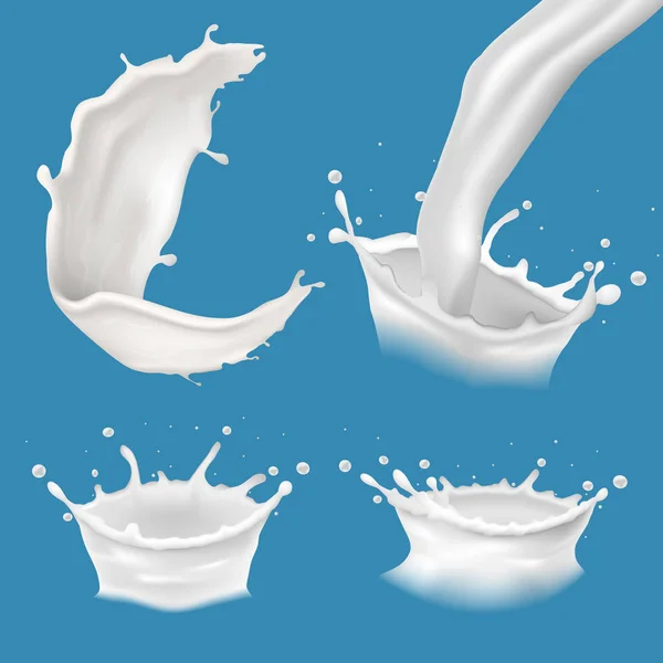 Реалістичне молоко або кремовий сплеск і потік на синьому фоні — стоковий вектор
