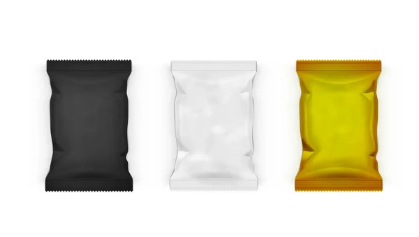 Paquets blancs, noirs et or de sac d'oreiller pour des croustilles, des collations ou des bougies — Image vectorielle