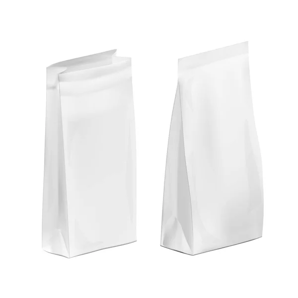 Ouvrir et fermer en plastique blanc blanc ou emballage en papier. Sachet pour pain, café, bougies, biscuits, cadeaux — Image vectorielle