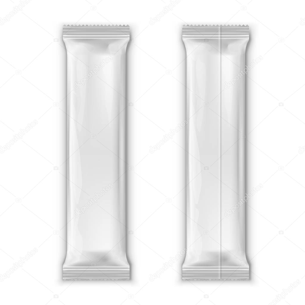 Realistic Blank Template Packages For Snack, Chocolate Or Candy. Plastic Pack Set