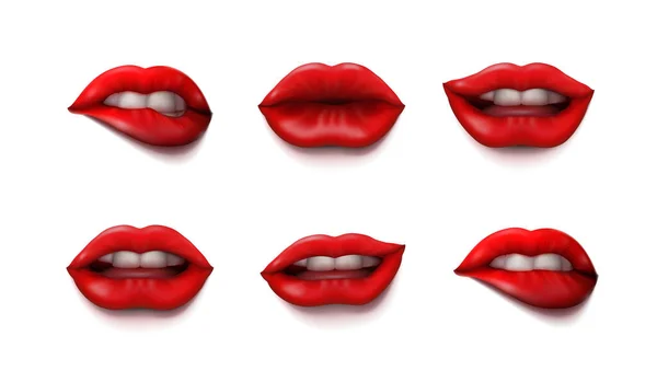 Boca de mulher perto com conjunto de maquiagem de batom vermelho — Vetor de Stock