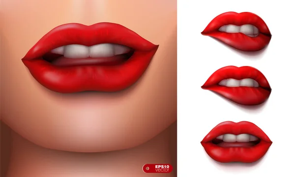 Realista Closeup Sexy Lábios de batom vermelho bonito — Vetor de Stock