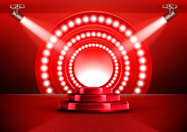 Red Award Ceremony Stage Podium With Spotlights — Stock Vector