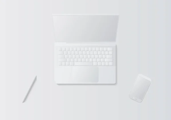 Laptop abstrato branco 3D, caneta e smartphone — Vetor de Stock