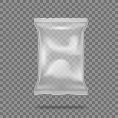 Gerçekçi Şeffaf Yastık Plastik Yiyecek Torbası. EPS10 Vektörü