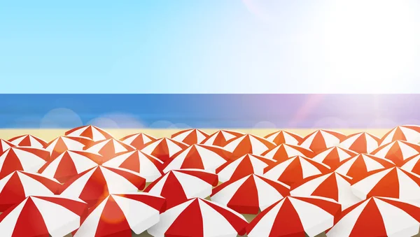 ビーチで多くの赤と白の太陽の傘 — ストックベクタ