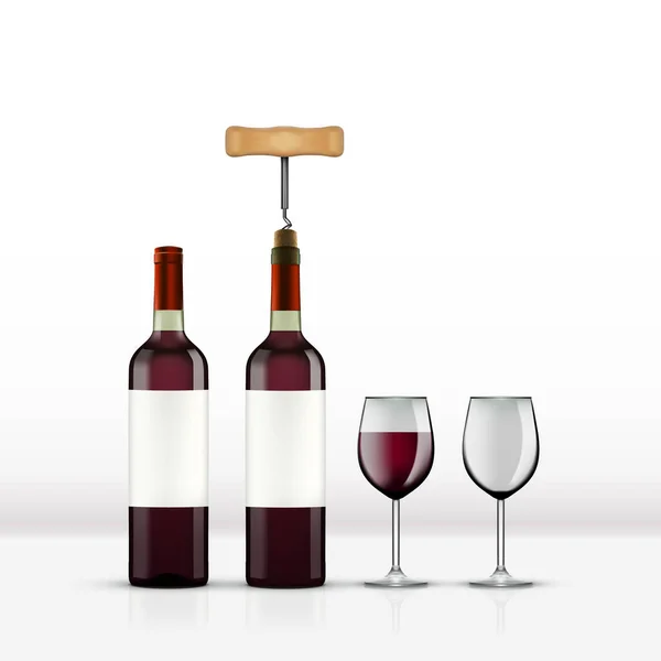 白に隔離されたワイングラスと現実的なオープンレッドワインボトル Eps10ベクトル — ストックベクタ