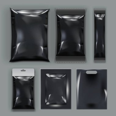 Gerçekçi Siyah Boş Plastik Gıda Şablon Seti. EPS10 Vektörü