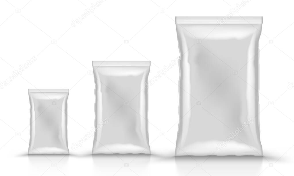 Different Size Empty Standing Vertically Sealed Foil Plastic Bags. EPS10 Vector