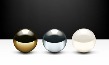 Gerçekçi 3D altın top, krom top ve beyaz arka planda izole edilmiş parlak inci. EPS10 Vektörü