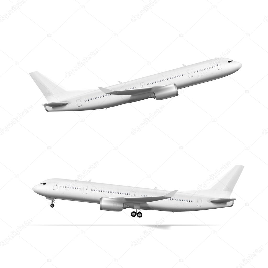 3D White Airplane Take Off And Landing Flying. EPS10 Vector