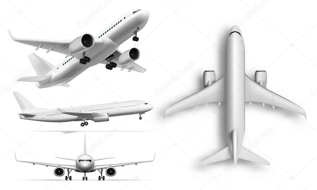 Flying Airplane, Jet Aircraft. Top, Front, Side And 3D Perspective View. EPS10 Vector