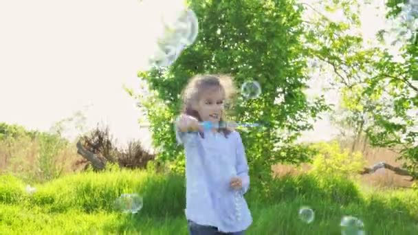 Niña infla burbujas de jabón en un picnic — Vídeo de stock