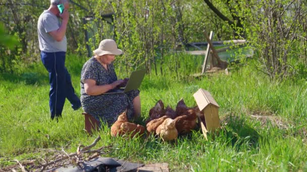 Bäuerin und Mann mit Hühnern, Hund und Laptop im Dorf, in der Natur. — Stockvideo