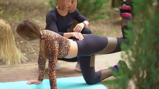 Ragazze atletiche impegnate nel fitness nel parco, facendo sollevamenti delle gambe su un materassino con allenatore — Video Stock