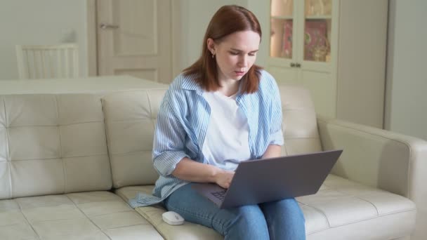 Mujer usando el ordenador portátil, escribiendo texto, sentado en el sofá. descansa . — Vídeos de Stock