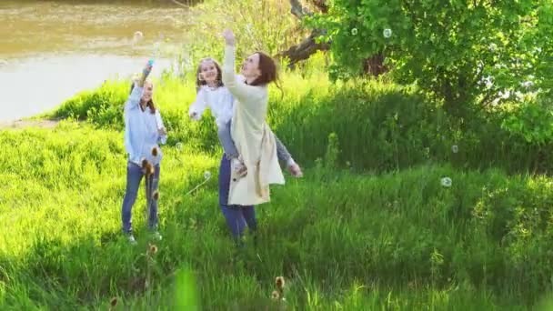 Família feliz alegre ter um piquenique e jogar inflar bolhas de sabão . — Vídeo de Stock