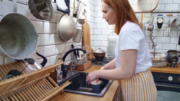 Γυναίκα πλύσιμο Κύπελλο στο νεροχύτη στην κουζίνα. νοικοκυρά. καθημερινές δουλειές του σπιτιού. — Αρχείο Βίντεο