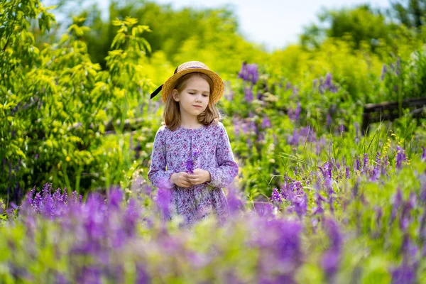 Klein meisje met hoed plukkend een ruiker van wilde bloemen in een weide. — Stockfoto