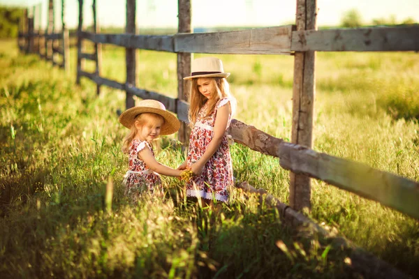 Children, girls in hat standing next to fence in village. walks in countryside. — Stock Photo, Image