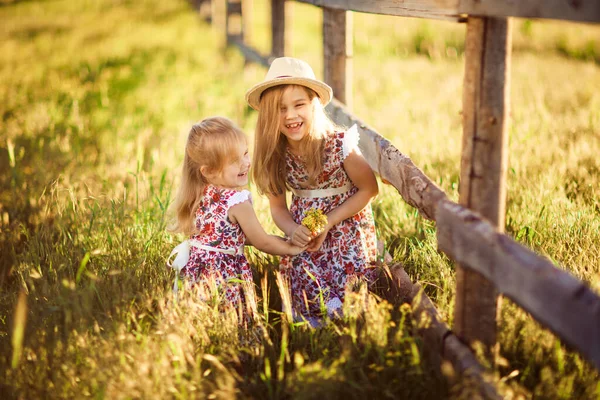 Niños Niñas Sombrero Pie Junto Una Valla Pueblo Con Ramo —  Fotos de Stock